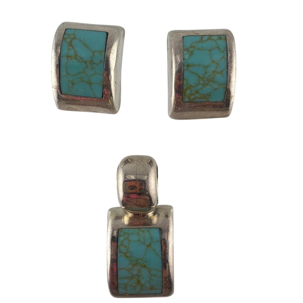 Vintage Mexican Sterling Silver Rectangular Turquoise Pendant and Earring Set